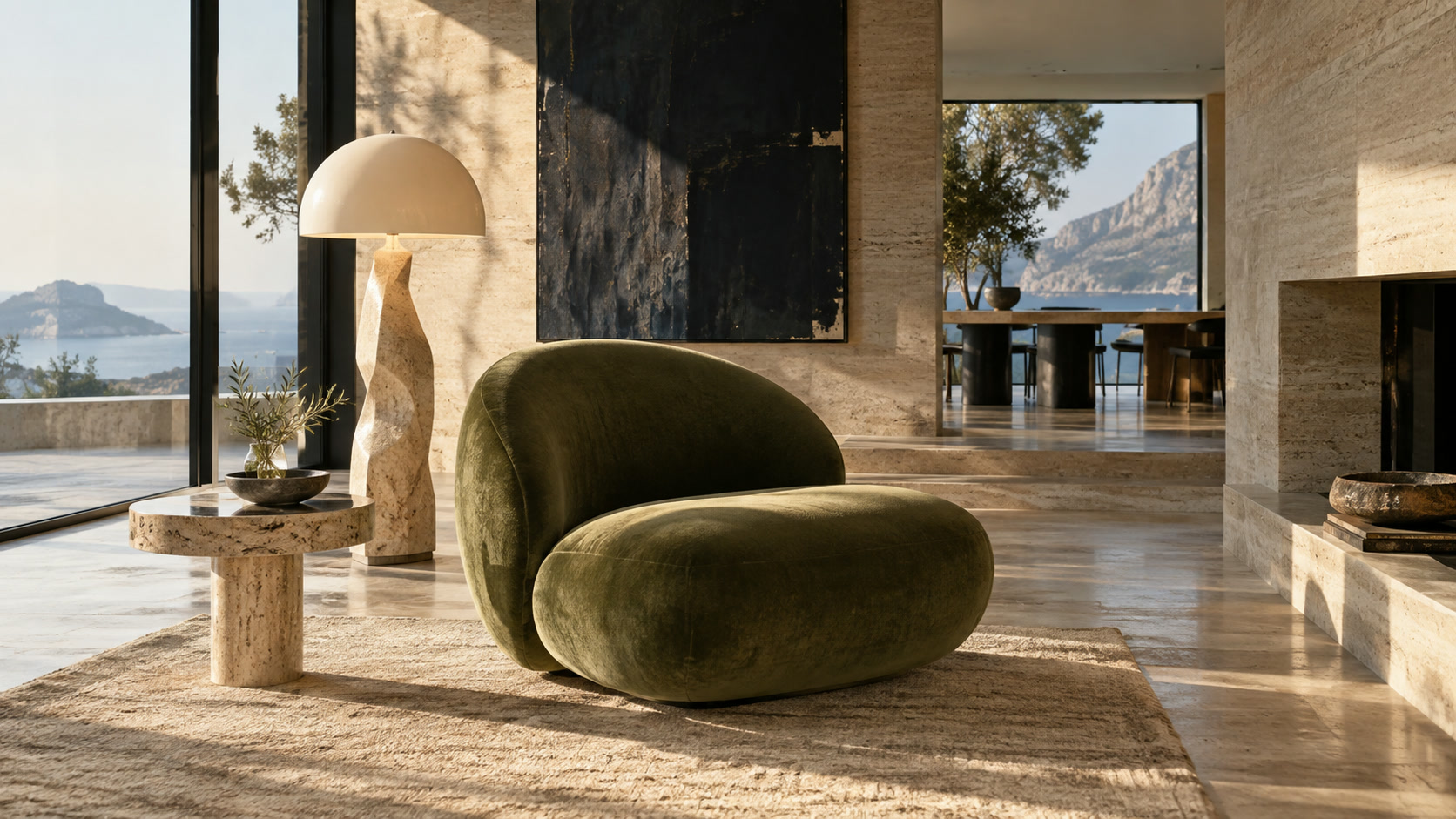 Sunlit interior with sculptural furniture and natural materials