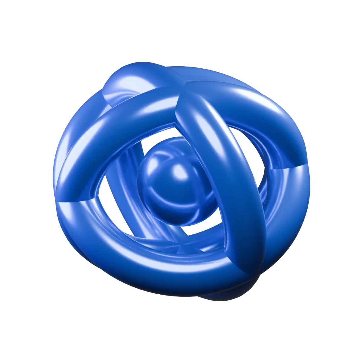 Three sculptural cobalt rings surrounding a shared intelligence core